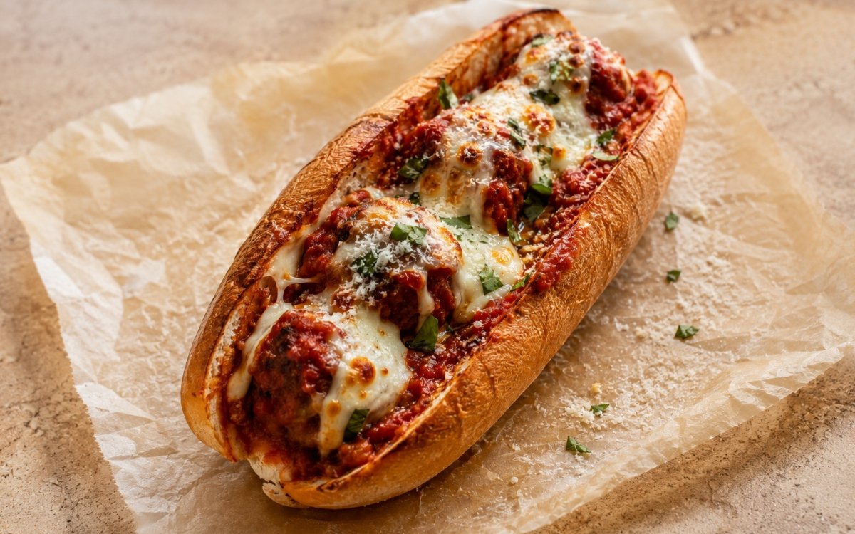 Meatball sub sandwich showing juicy beef meatballs in thick marinara with melted bubbly cheese in a toasted long French roll, on marble surface