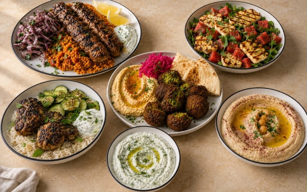Mediterranean and Middle Eastern recipe spread with crispy falafel, classic hummus, tzatziki, Turkish Adana kebab with tomato couscous, grilled halloumi watermelon salad, herby turkey burgers, and a za’atar cucumber tzatziki bowl on a warm kitchen counter.