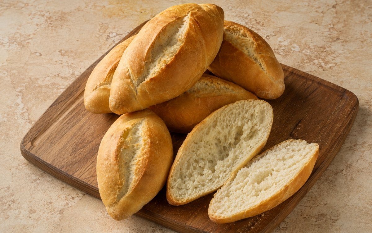 Mexican bolillo bread showing golden, lightly crisp tapered rolls with one lengthwise slash each, on marble surface