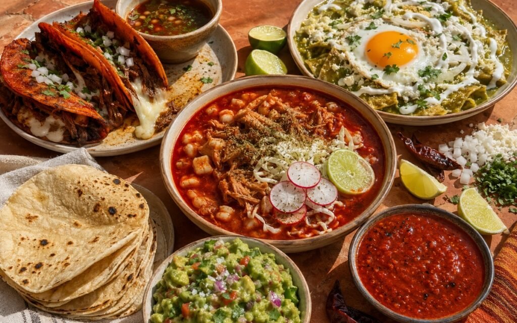 Mexican food recipes collection hero with crispy birria tacos and consommé, chilaquiles verdes with a fried egg, red pozole with radish and cabbage, chunky guacamole, salsa roja and a stack of homemade corn tortillas with limes and cilantro on a warm terracotta stone surface in natural daylight