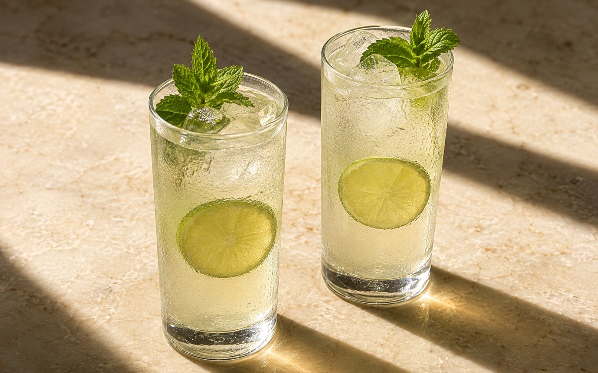 glasses of mint lime white tea cooler with lime wheels and mint sprigs, on marble surface