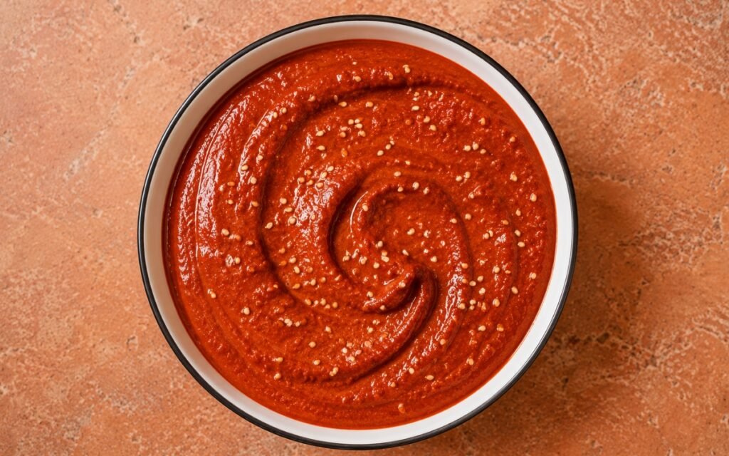 Bowl of glossy vivid red-brick mole coloradito sauce with toasted sesame seeds scattered on top, on marble surface