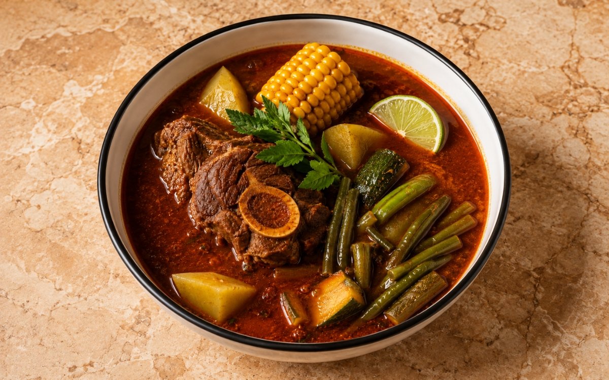 Bowl of mole de olla showing tender beef shank in a vivid brick-red broth with corn, potato, chayote, zucchini, and green beans, on marble surface