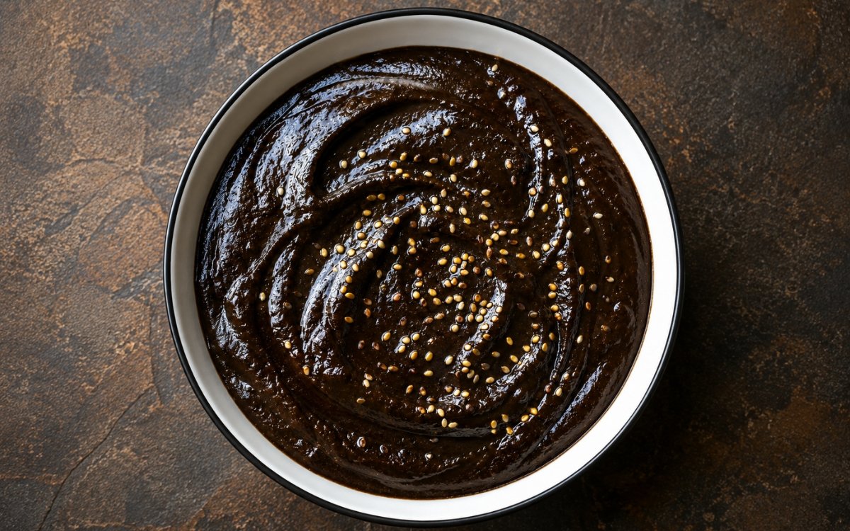 Bowl of glossy, nearly black mole negro sauce with toasted sesame seeds scattered on top, on marble surface