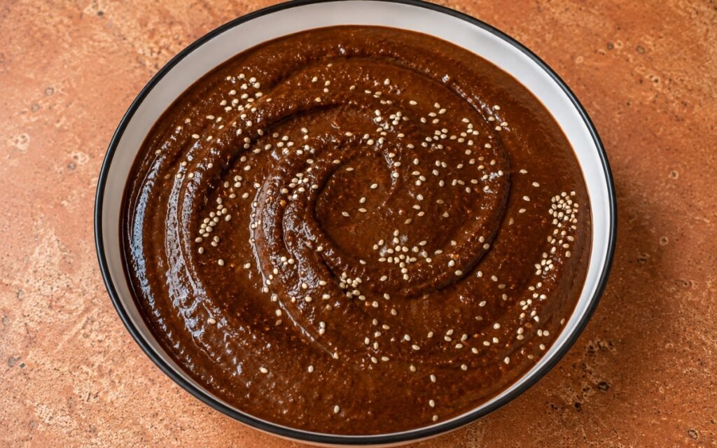 Bowl of glossy deep mahogany-brown mole poblano sauce with toasted sesame seeds scattered on top, on marble surface
