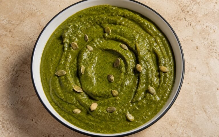 Bowl of glossy vivid green mole verde sauce with toasted pumpkin seeds scattered on top, on marble surface