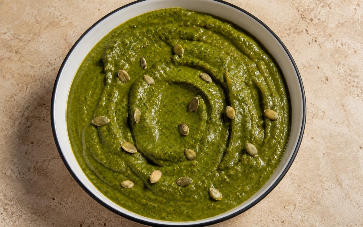 Bowl of glossy vivid green mole verde sauce with toasted pumpkin seeds scattered on top, on marble surface
