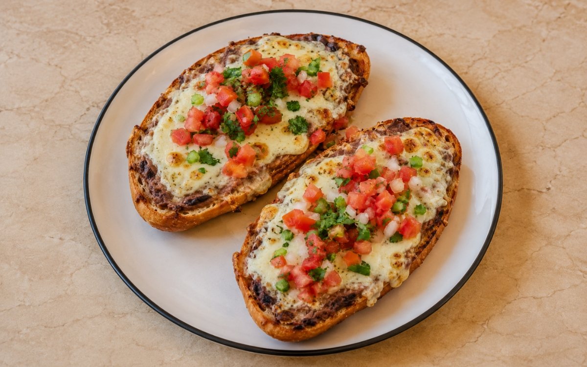 Molletes Mexicanos showing toasted bolillo halves topped with melted cheese, refried beans, and fresh pico de gallo, on marble surface