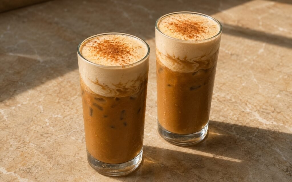 Mont Blanc iced coffee in a tall glass showing strong coffee topped with soft whipped cream and piped chestnut cream strands, on marble surface