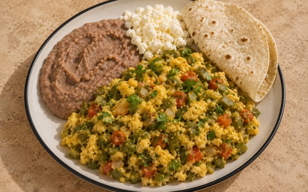 Plate of nopales con huevo showing soft scrambled eggs with tender diced nopales, tomato, and onion, served with refried beans, queso fresco, and warm tortillas, on marble surface