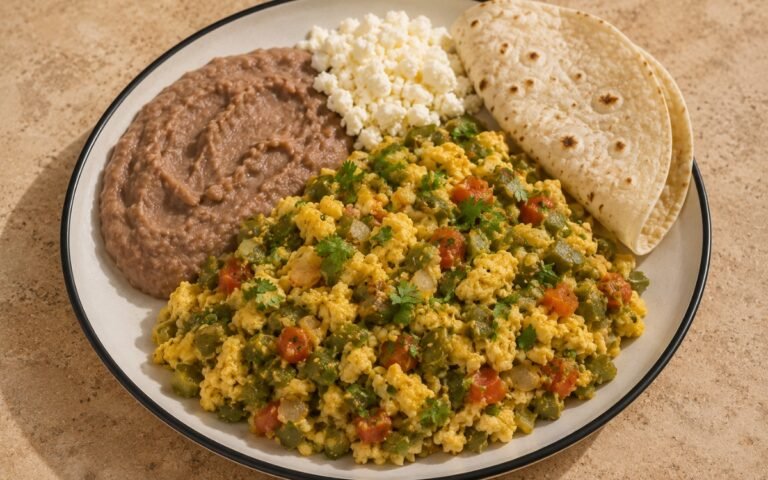 Plate of nopales con huevo showing soft scrambled eggs with tender diced nopales, tomato, and onion, served with refried beans, queso fresco, and warm tortillas, on marble surface