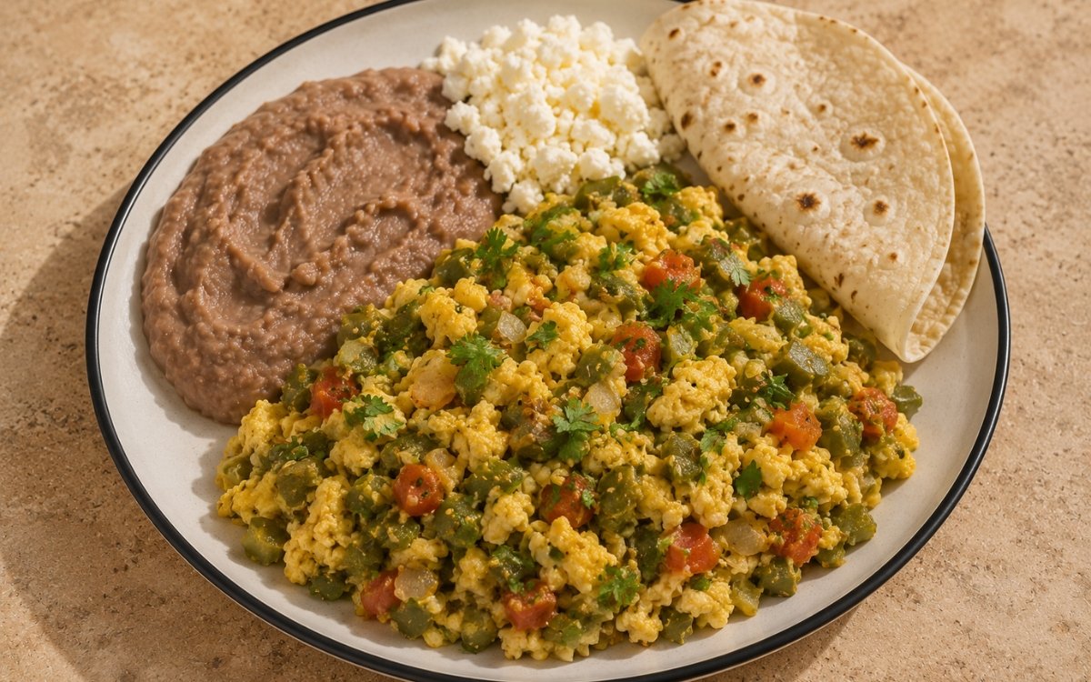 Plate of nopales con huevo showing soft scrambled eggs with tender diced nopales, tomato, and onion, served with refried beans, queso fresco, and warm tortillas, on marble surface