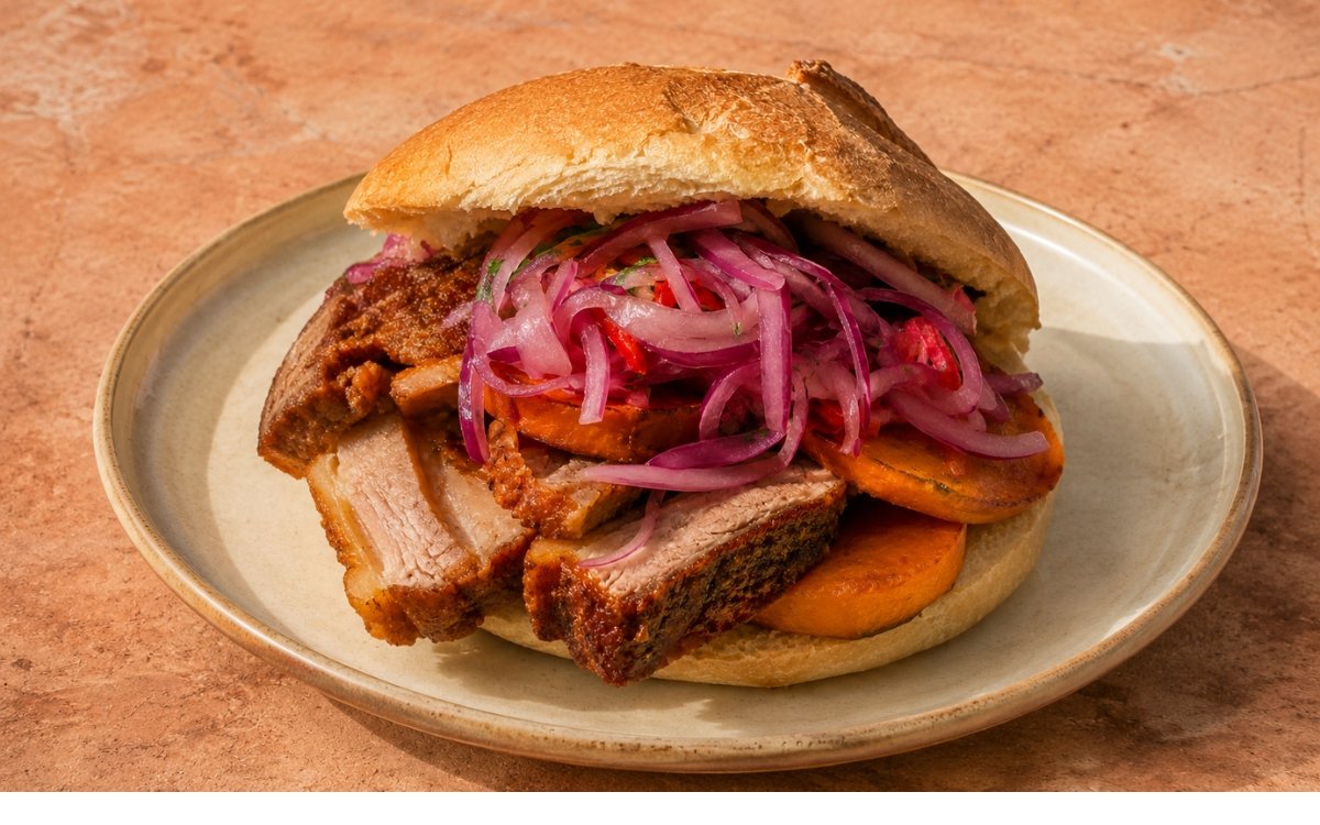 Pan con chicharrón sandwich showing thick slices of crispy pork belly, golden fried sweet potato, and bright pink pickled onion spilling from a crusty roll on marble surface