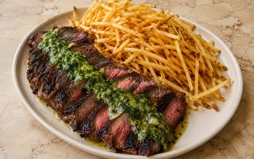 Paris steak frites plate showing sliced medium-rare steak with glossy café de Paris herb butter sauce beside a pile of crispy shoestring frites, on marble surface