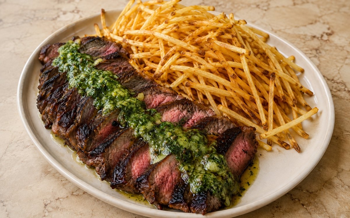 Paris steak frites plate showing sliced medium-rare steak with glossy café de Paris herb butter sauce beside a pile of crispy shoestring frites, on marble surface