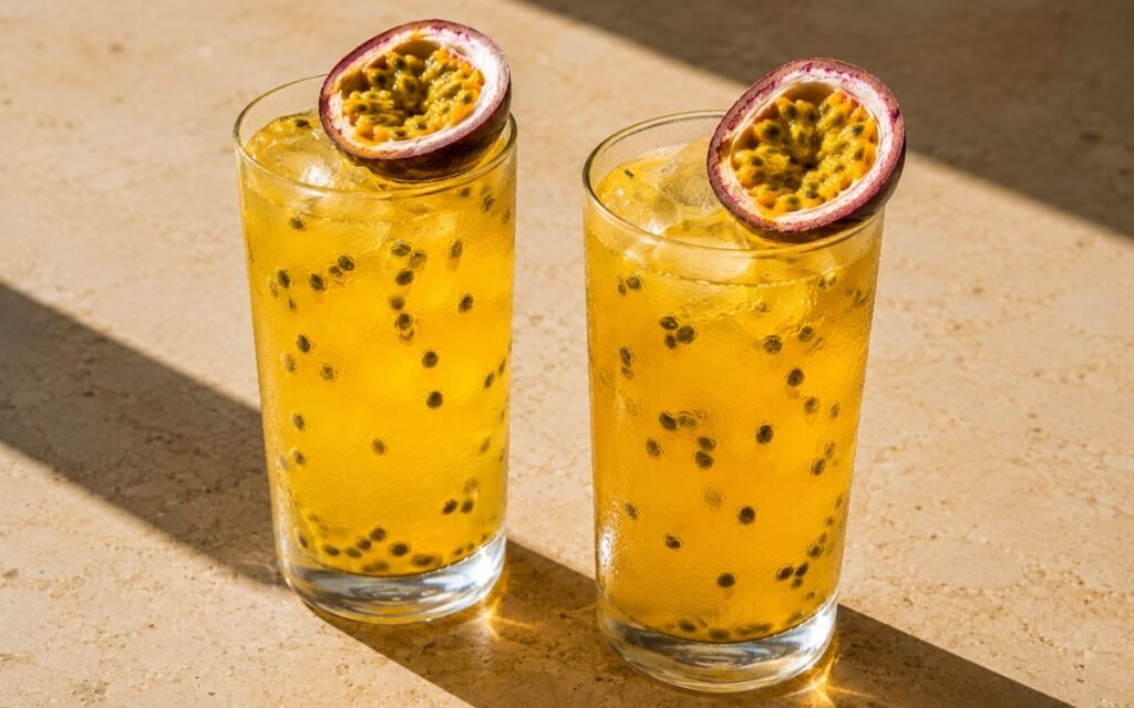 glasses of golden-yellow passion fruit lemonade showing visible black passion fruit seeds suspended throughout, garnished with halved passion fruit, on marble surface
