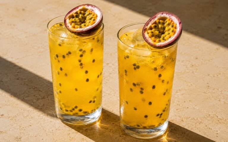 glasses of golden-yellow passion fruit lemonade showing visible black passion fruit seeds suspended throughout, garnished with halved passion fruit, on marble surface