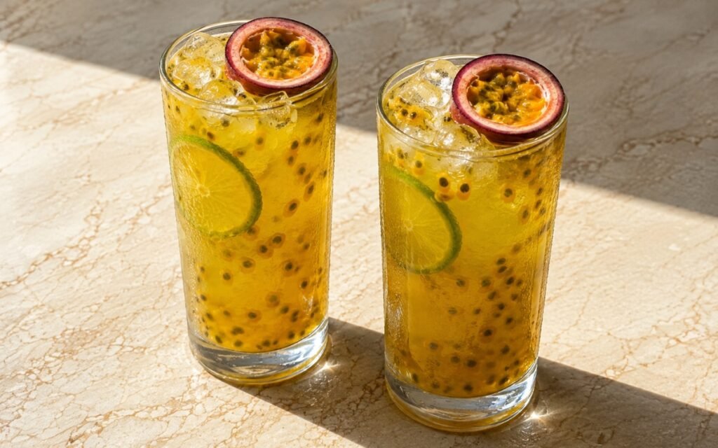 glasses of bright tropical passion fruit lime lemonade showing visible seeds, lime wheels, and halved passion fruit garnish, on marble surface