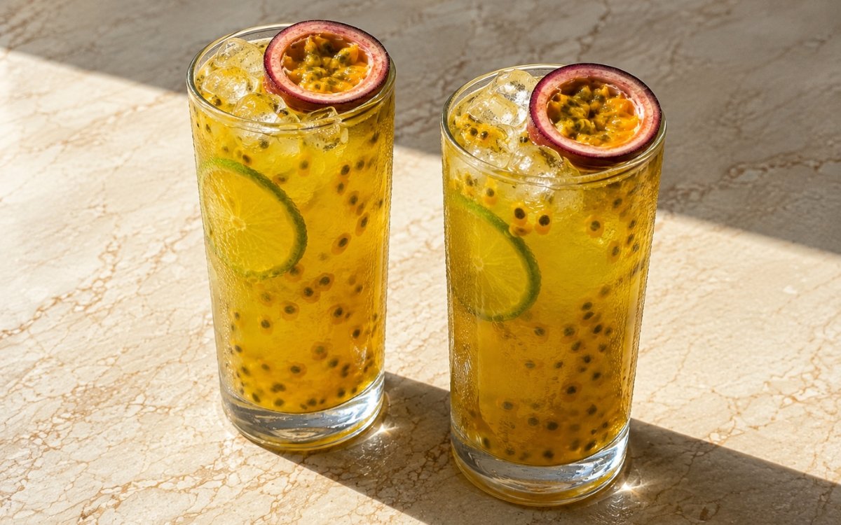 glasses of bright tropical passion fruit lime lemonade showing visible seeds, lime wheels, and halved passion fruit garnish, on marble surface