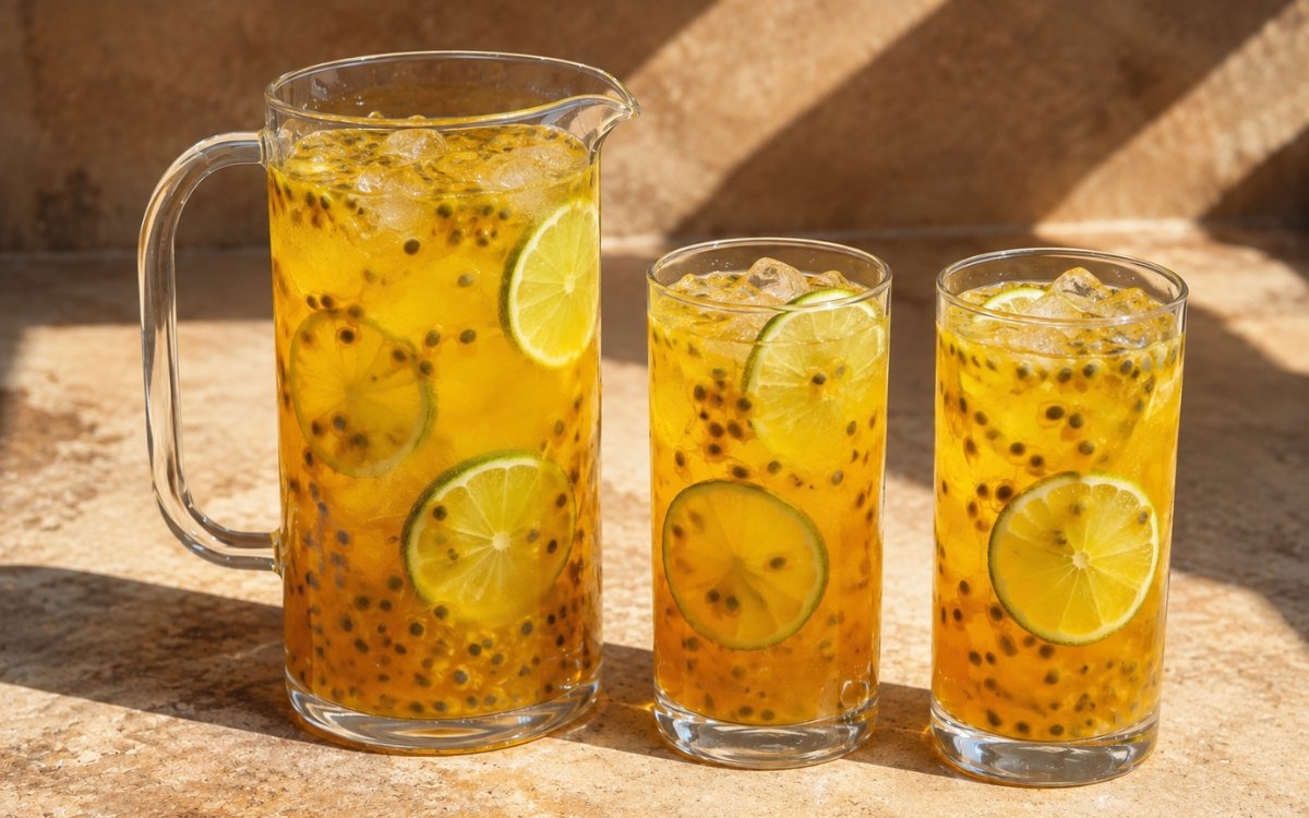 Pitcher of bright golden passion fruit lime pitcher drink showing visible seeds and lime slices, served over ice, on marble surface