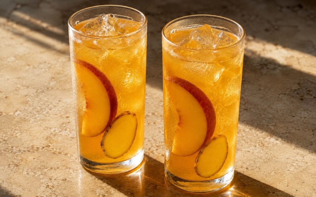 glasses of bright golden-orange peach ginger lemonade with peach slices and thin ginger slices, on marble surface