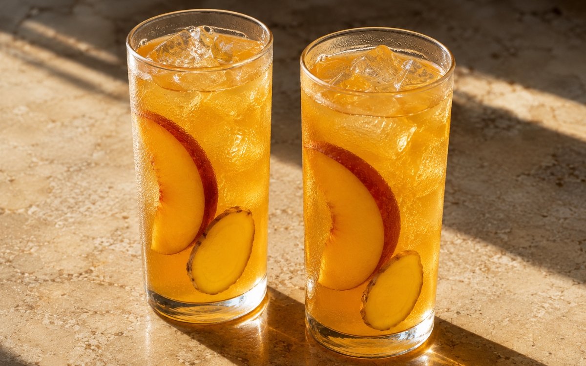 glasses of bright golden-orange peach ginger lemonade with peach slices and thin ginger slices, on marble surface