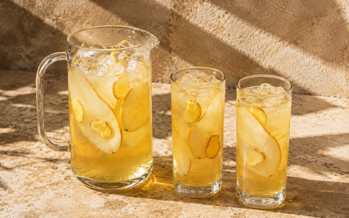 Pitcher of pale golden pear ginger pitcher drink showing thin pear slices and ginger coins, served over ice, on marble surface