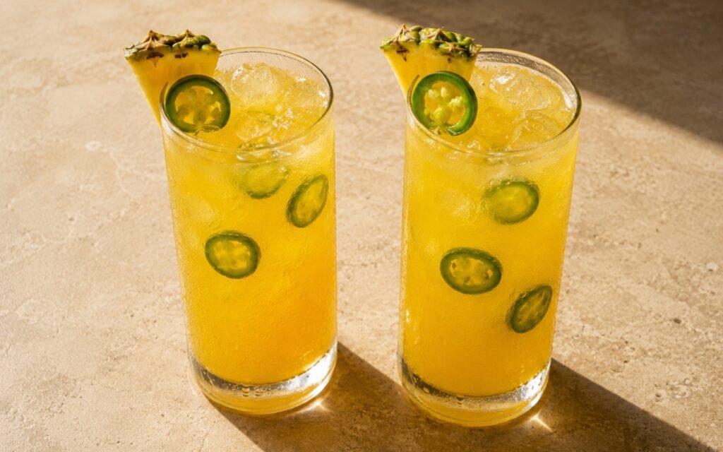 glasses of bright golden pineapple jalapeño lemonade with jalapeño slices and pineapple wedges, on marble surface