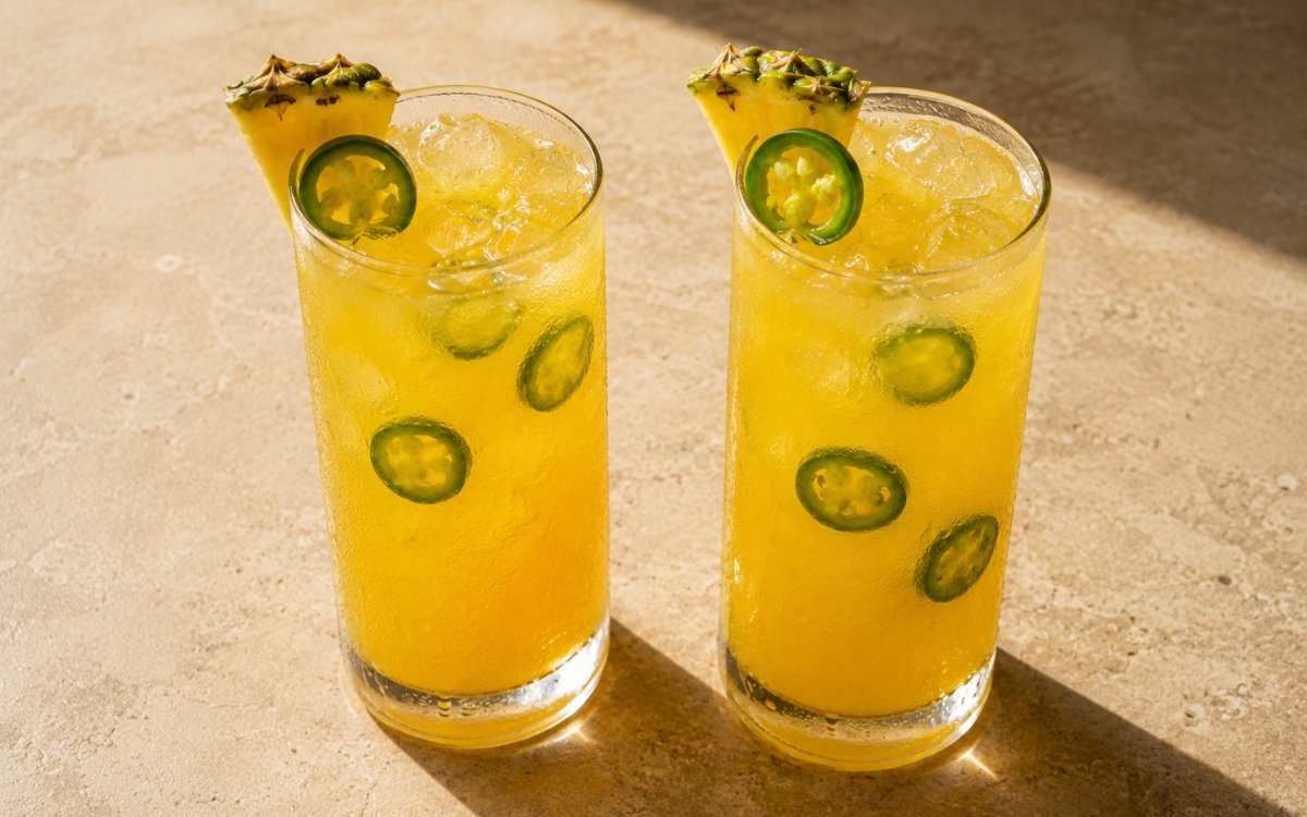 glasses of bright golden pineapple jalapeño lemonade with jalapeño slices and pineapple wedges, on marble surface
