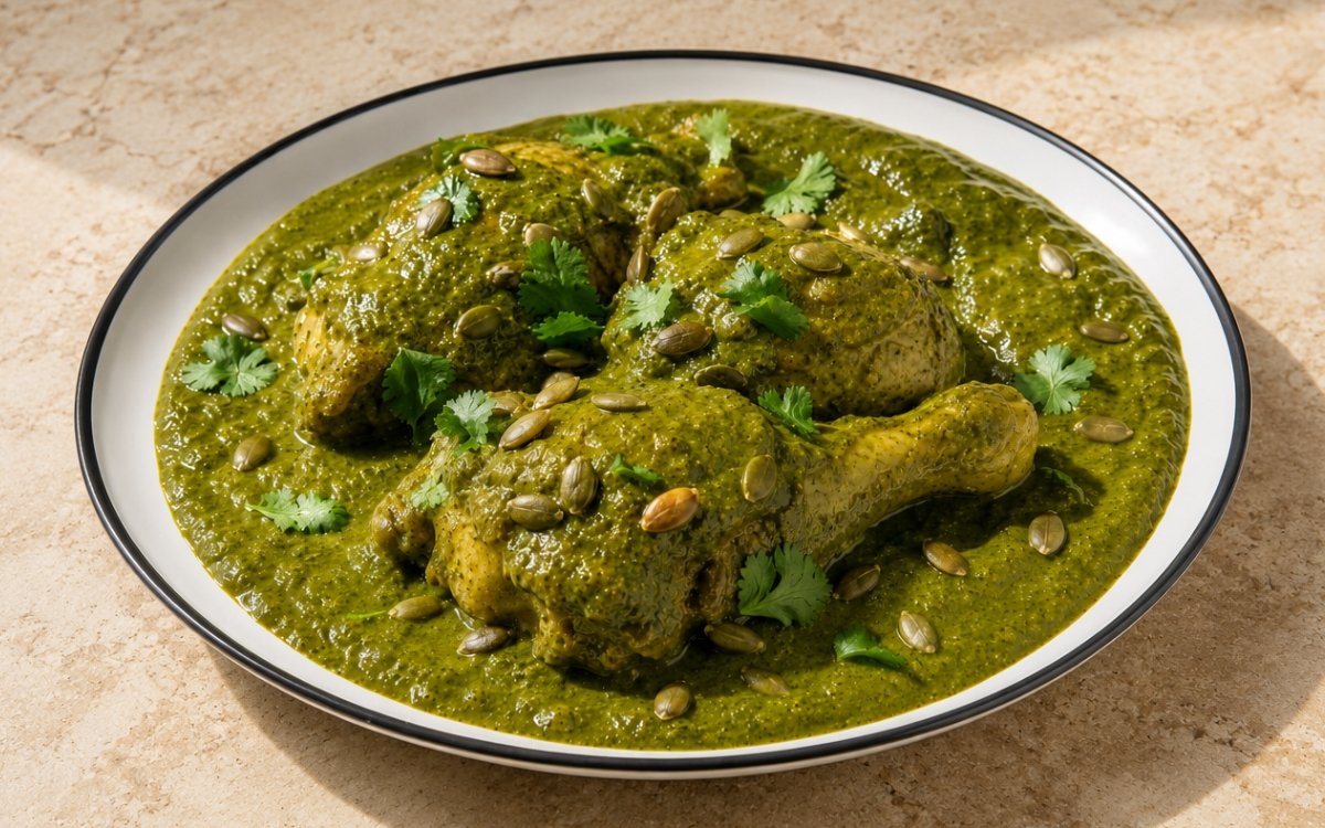 Pipián verde chicken showing tender chicken pieces napped in a glossy vivid green pumpkin seed sauce, garnished with toasted pepitas and cilantro, on marble surface