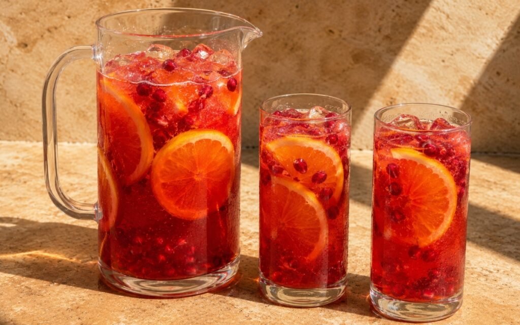 Pitcher of deep ruby-orange pomegranate orange pitcher drink showing orange wheels and pomegranate arils, served over ice, on marble surface