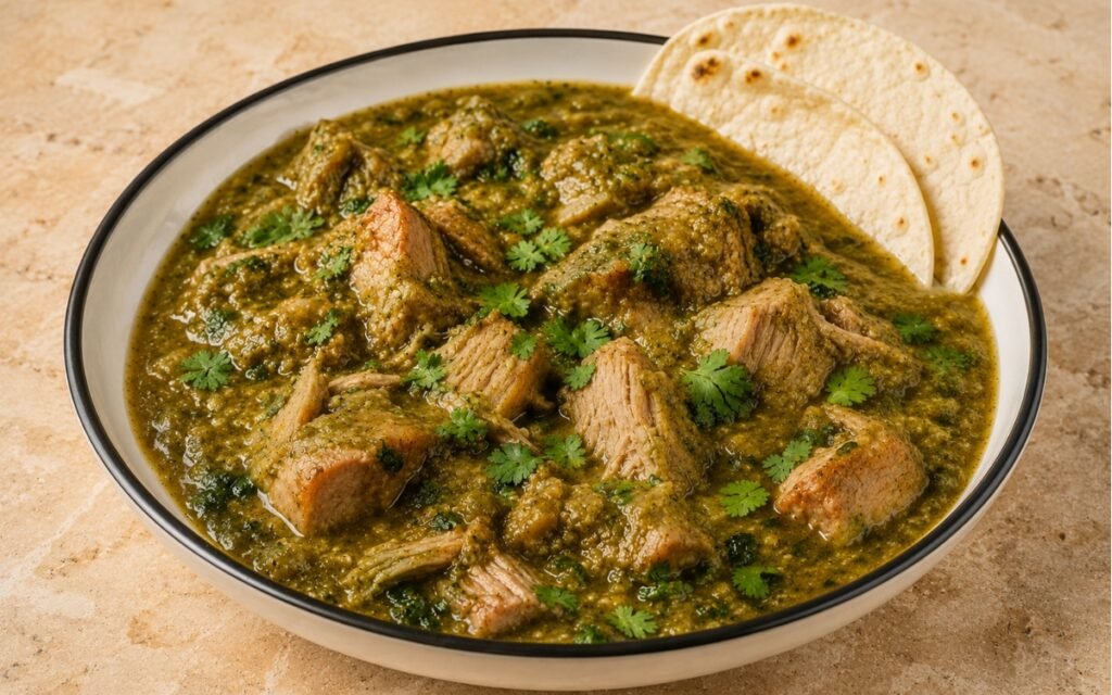 Bowl of pork chile verde showing tender pork chunks coated in a thick, glossy green tomatillo sauce, served with warm tortillas, on marble surface