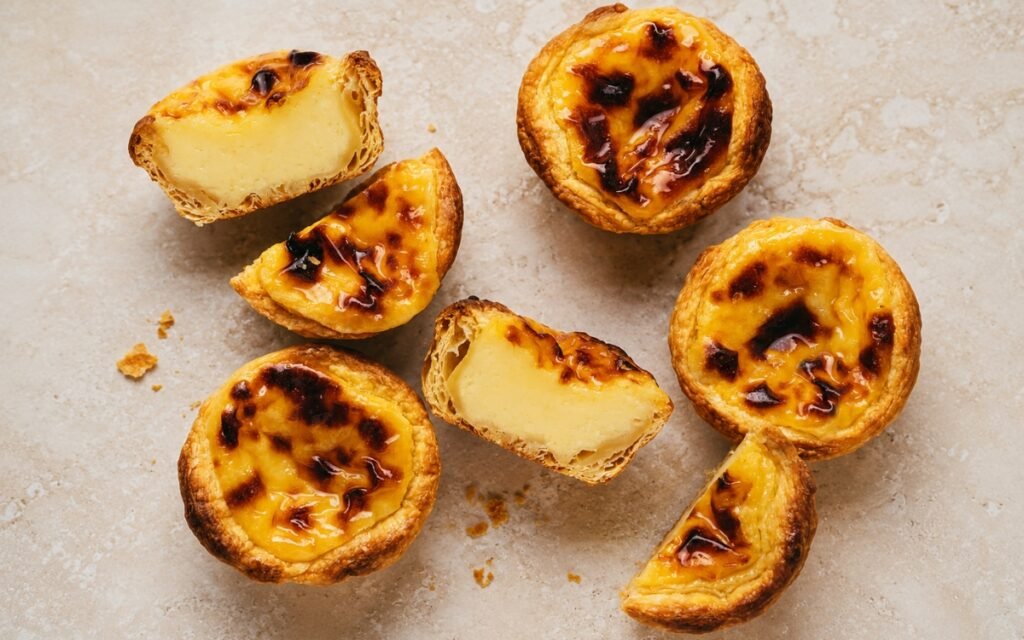 Portuguese custard tarts showing crisp flaky pastry shells with silky yellow custard marked by dark caramelised spots on marble surface