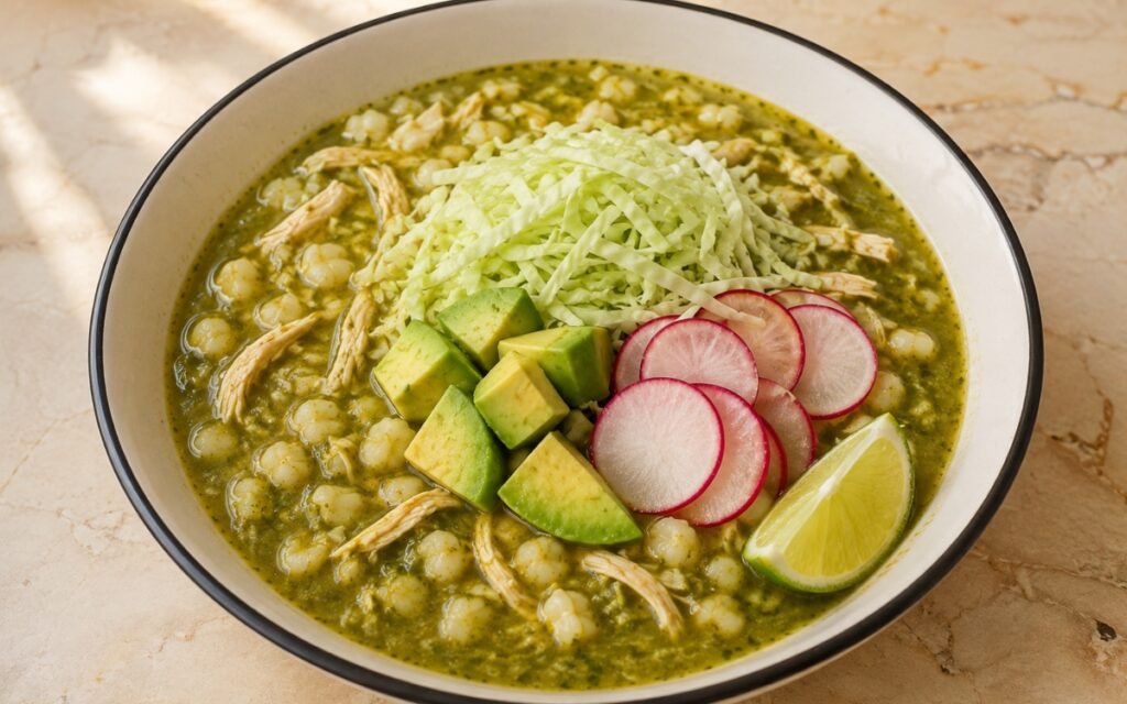 Bowl of pozole verde showing hominy and shredded chicken in a vivid green tomatillo broth, topped with shredded cabbage, radish, avocado, and lime, on marble surface