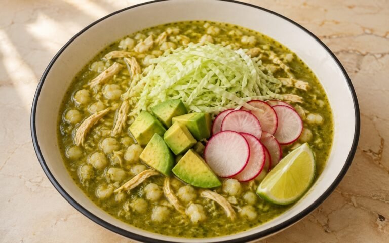 Bowl of pozole verde showing hominy and shredded chicken in a vivid green tomatillo broth, topped with shredded cabbage, radish, avocado, and lime, on marble surface