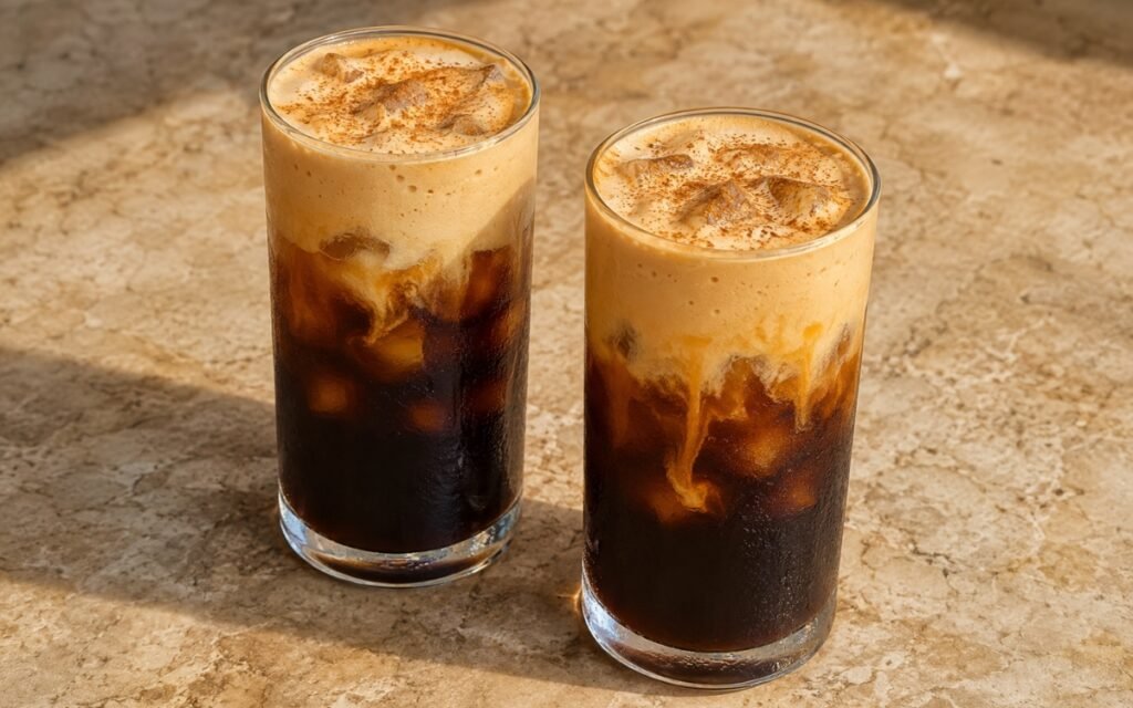 Pumpkin cream cold brew in a tall glass showing a pale, spiced pumpkin cream foam floating over dark cold brew coffee, dusted with pumpkin pie spice, on marble surface