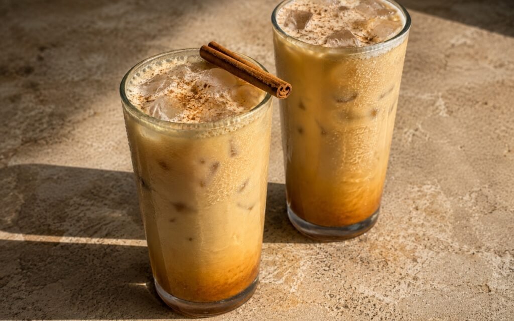 Pumpkin spice iced latte in a tall glass showing a deeper amber-orange base fading into pale caramel-cream milk, dusted with cinnamon and nutmeg, on marble surface
