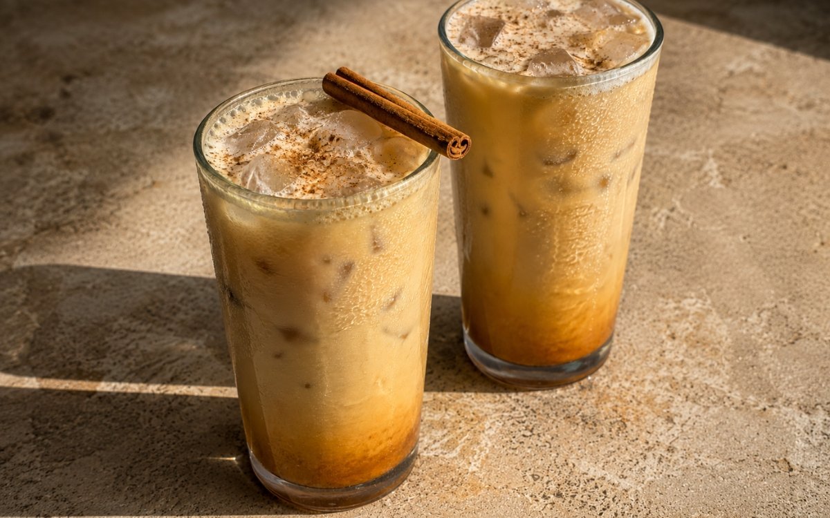 Pumpkin spice iced latte in a tall glass showing a deeper amber-orange base fading into pale caramel-cream milk, dusted with cinnamon and nutmeg, on marble surface