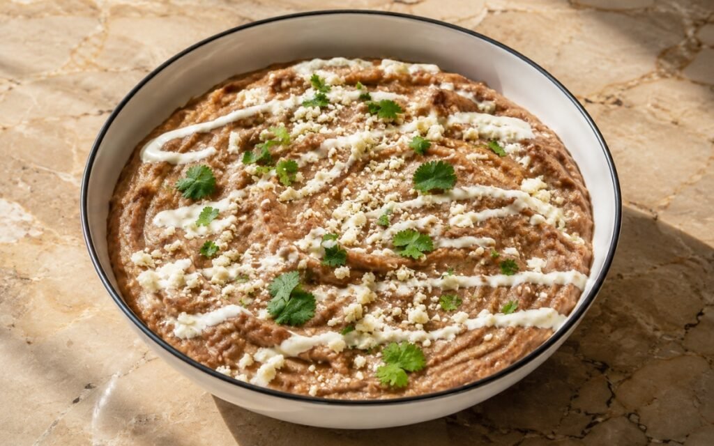 Bowl of creamy refried pinto beans with a swirled top, topped with crumbled cotija, drizzled crema, and fresh cilantro on marble surface