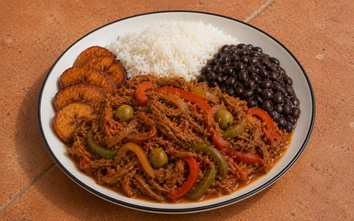 Ropa Vieja Cubana plate showing glossy shredded beef with visible red and green peppers and olives, served with white rice, black beans, and fried plantains, on marble surface