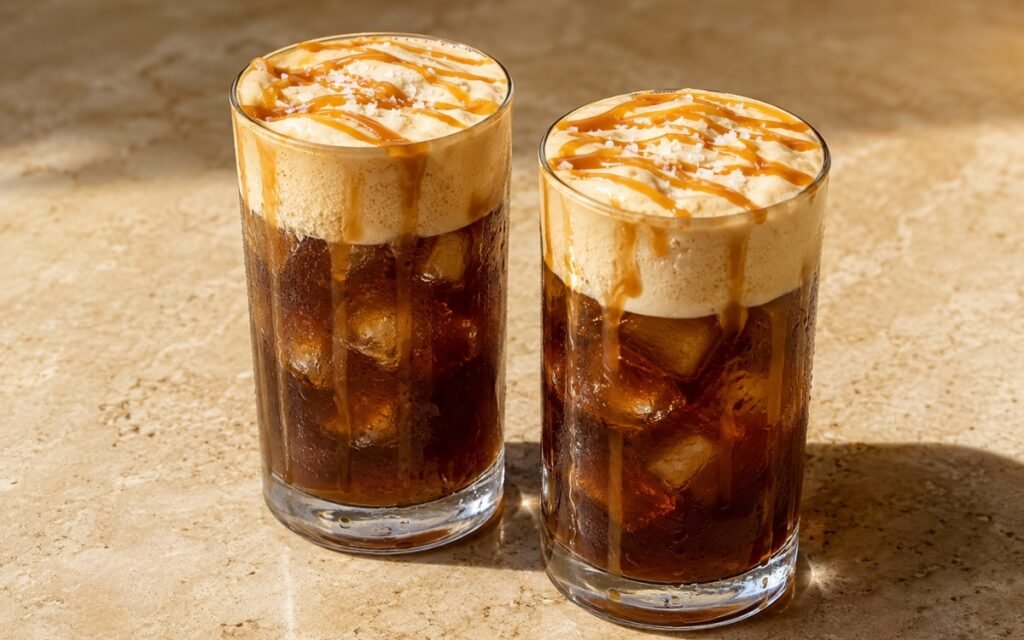 Salted caramel cold foam cold brew in a tall glass showing a thick pale caramel foam floating over dark cold brew coffee with a pinch of flaky sea salt, on marble surface