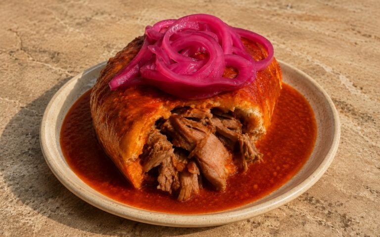 Torta ahogada sandwich showing a crusty roll filled with carnitas, drenched in vivid red chile de árbol sauce and topped with pink pickled onion on marble surface