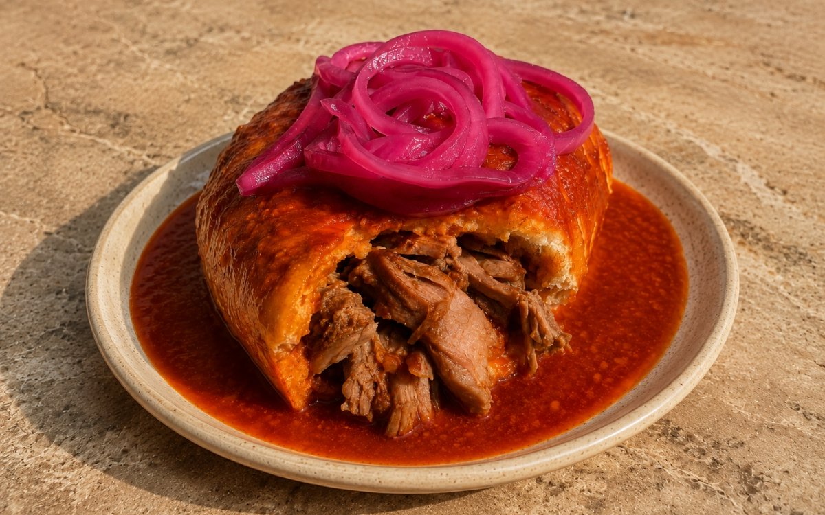 Torta ahogada sandwich showing a crusty roll filled with carnitas, drenched in vivid red chile de árbol sauce and topped with pink pickled onion on marble surface