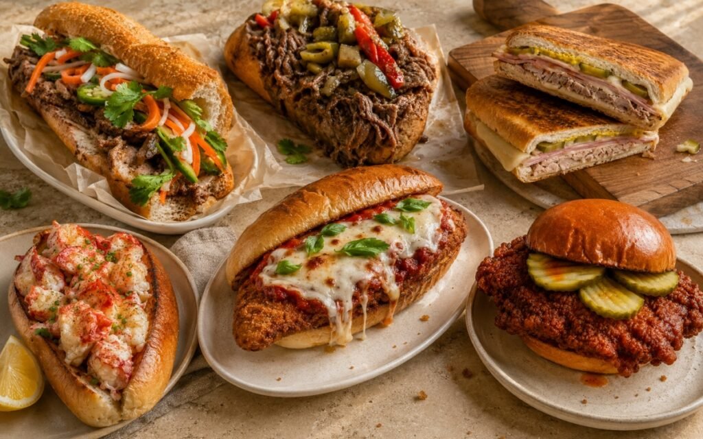 Sandwich recipes collection hero image with Nashville hot chicken sandwich, Italian beef sandwich, chicken parm hero, lobster roll, Cuban sandwich, and crispy pork banh mi on a warm kitchen counter.