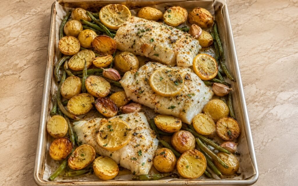 Sheet pan lemon garlic cod with golden roasted baby potatoes, green beans, and lemon slices, on marble surface