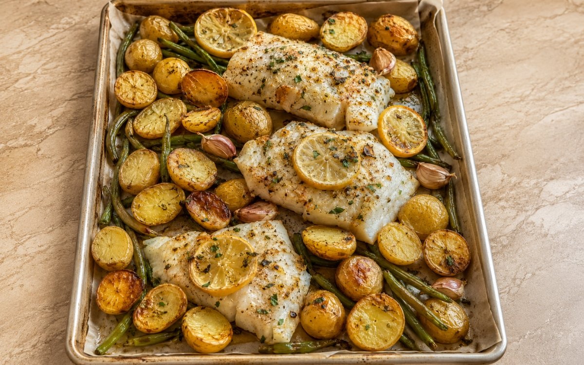 Sheet pan lemon garlic cod with golden roasted baby potatoes, green beans, and lemon slices, on marble surface