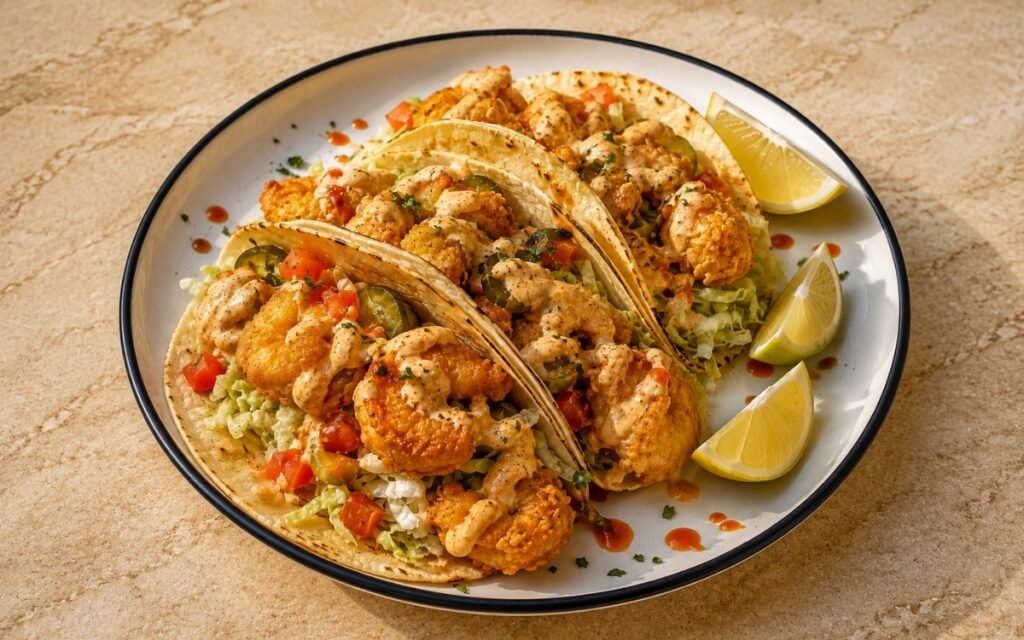 Shrimp po'boy tacos showing crispy fried shrimp, shredded lettuce, tomato, pickles, and remoulade in corn tortillas, on marble surface