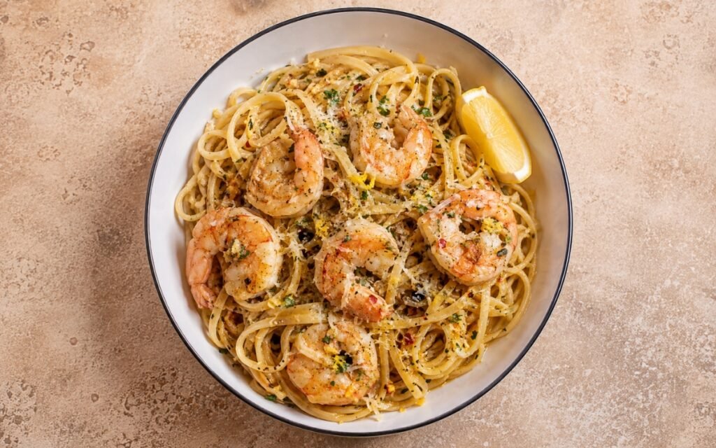 Shrimp scampi pasta showing linguine coated in glossy garlic butter lemon sauce with shrimp, parsley, and Parmesan, on marble surface