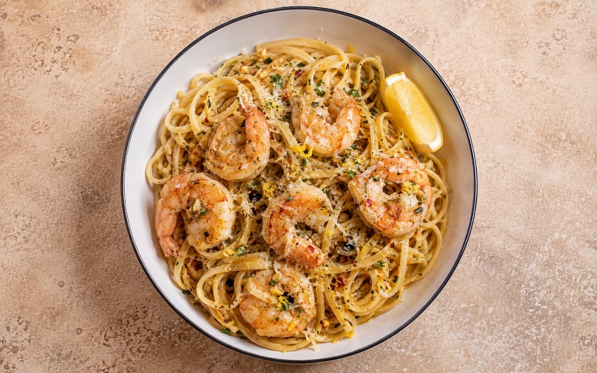 Shrimp scampi pasta showing linguine coated in glossy garlic butter lemon sauce with shrimp, parsley, and Parmesan, on marble surface