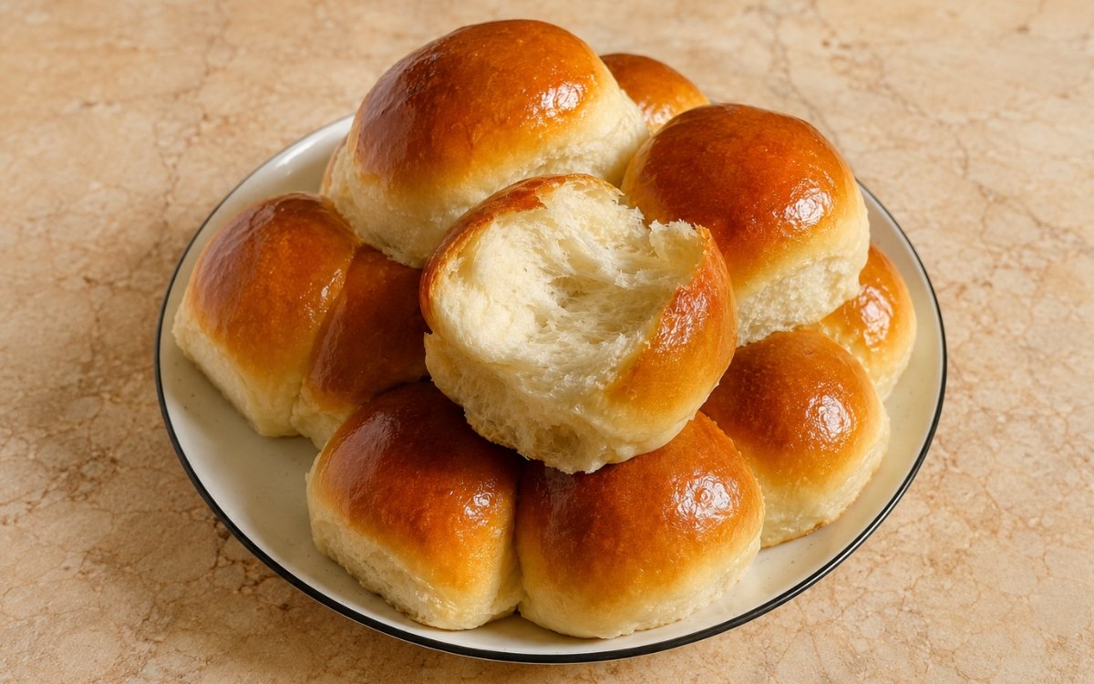 The softest homemade milk buns showing glossy golden-brown tops and pillowy pale sides, arranged in a baking pan, on marble surface